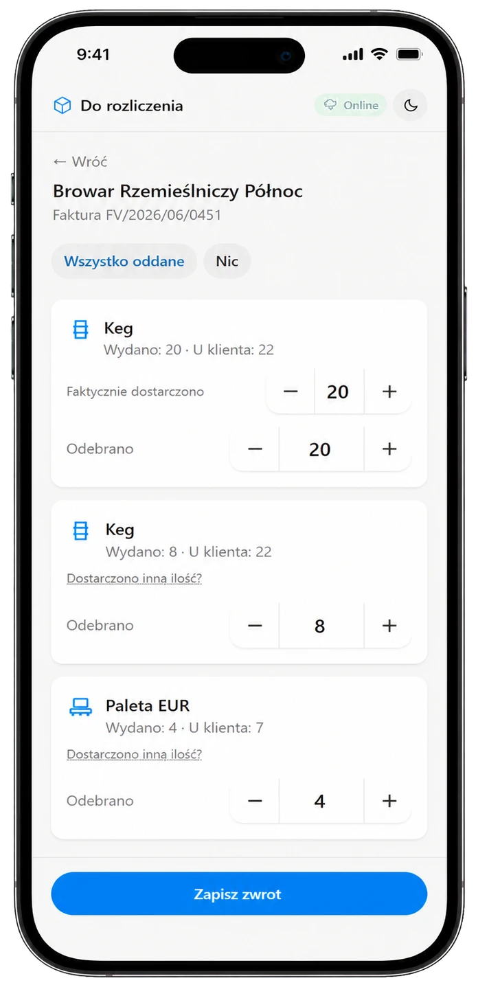 SEOZ mobile driver panel correcting the actual delivered quantity and reconciling returned packaging