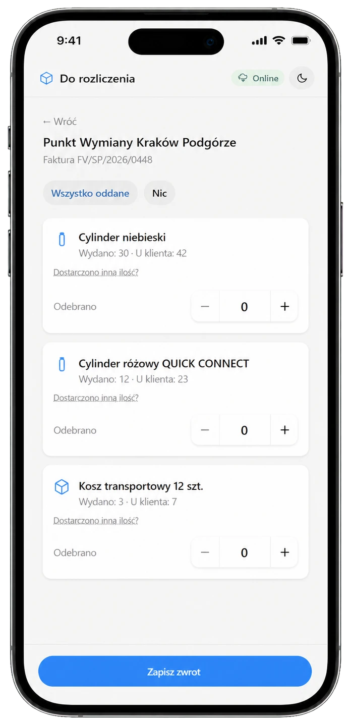 Mobile screen for reconciling returned cylinders and transport crates