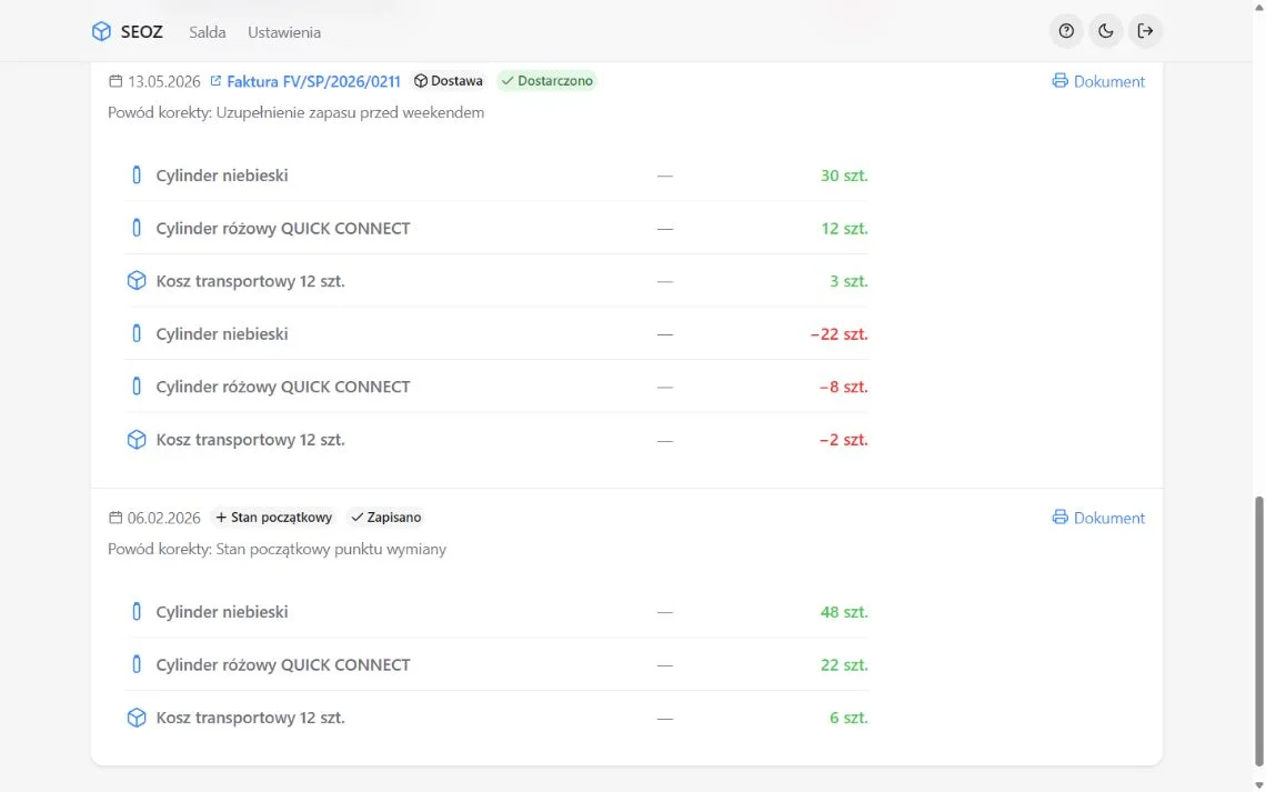 Partner packaging movement history in SEOZ with invoice, delivery status and document link